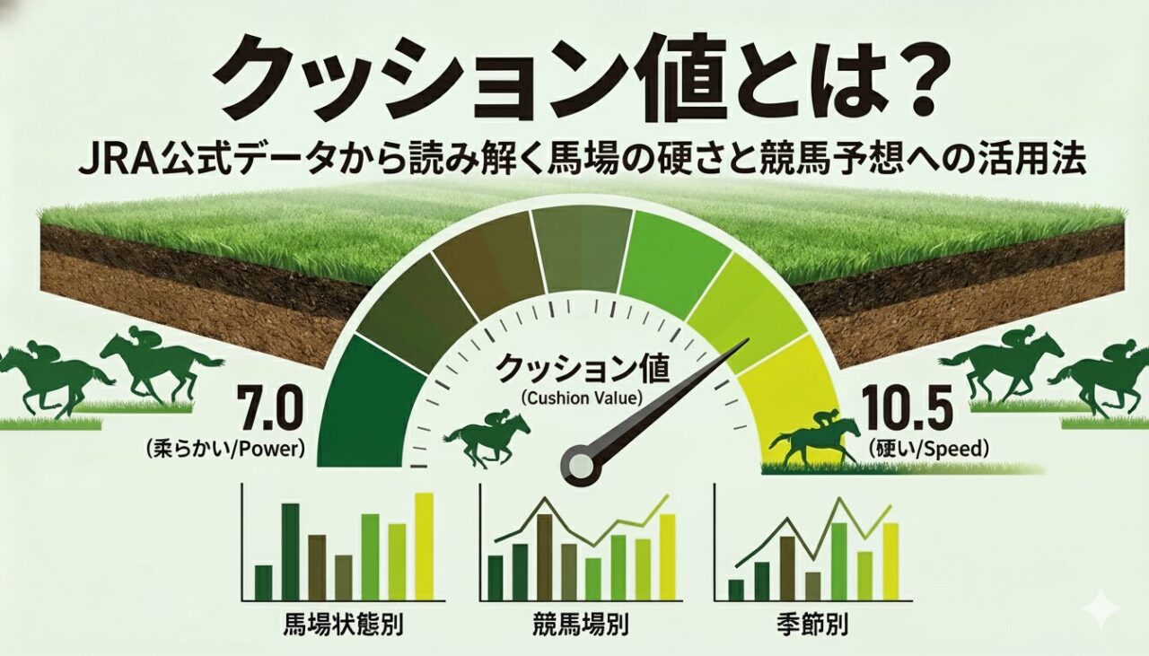 クッション値の解説図：JRA公式データに基づく馬場の硬さ指標と競馬場別・季節別の分析グラフ